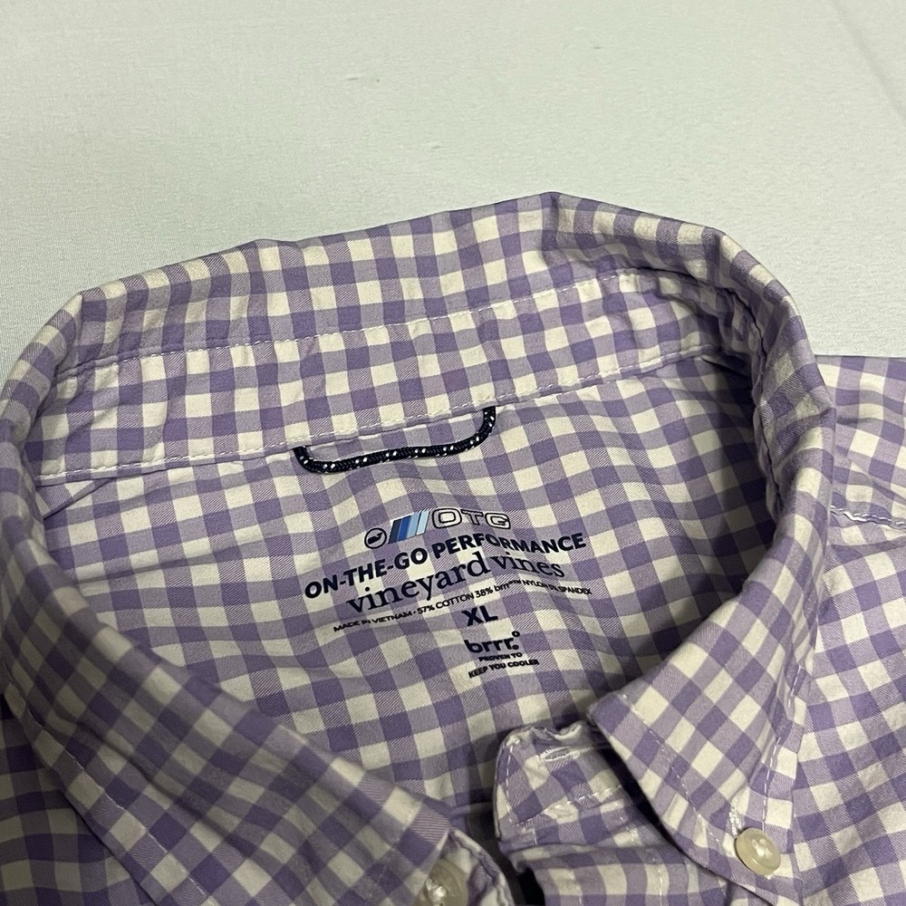 Vineyard Vines OTG Shirt Mens XL Purple Gingham Whale Button Down Performance - Picture 4 of 7